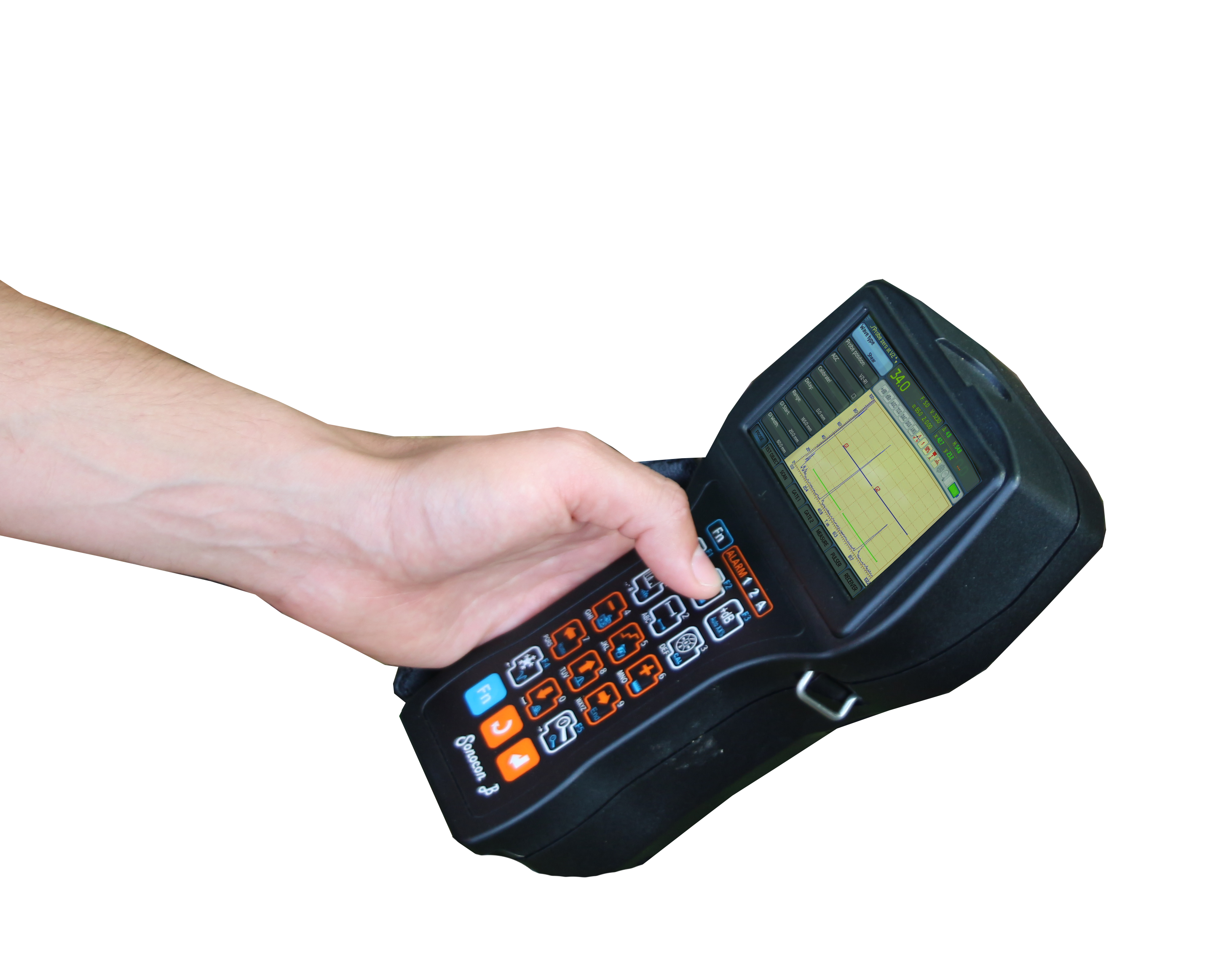 Portable UT flaw detector Sonocon B held in the hand