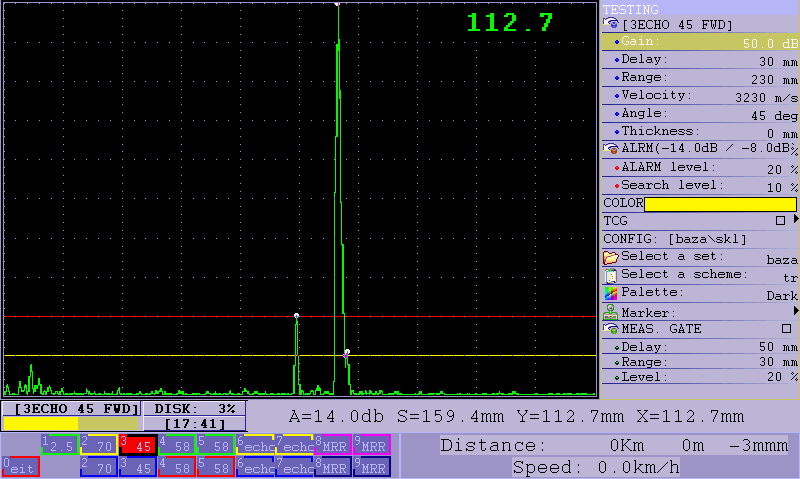 A-scan of the ultrasonic mechanized flaw detector for inspection of one rail line UDS2-77