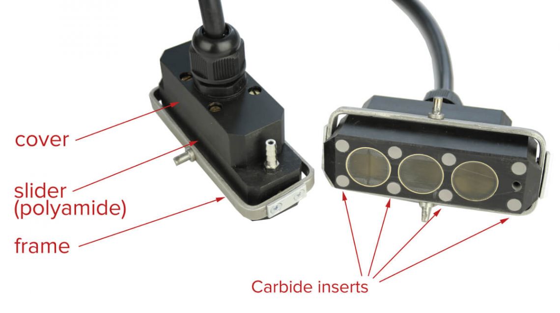 Probe units of the ultrasonic mechanized flaw detector for inspection of one rail line UDS2-77